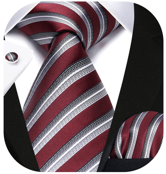 Hisdern Burgundy Striped Wedding Accessories Set with Cufflinks