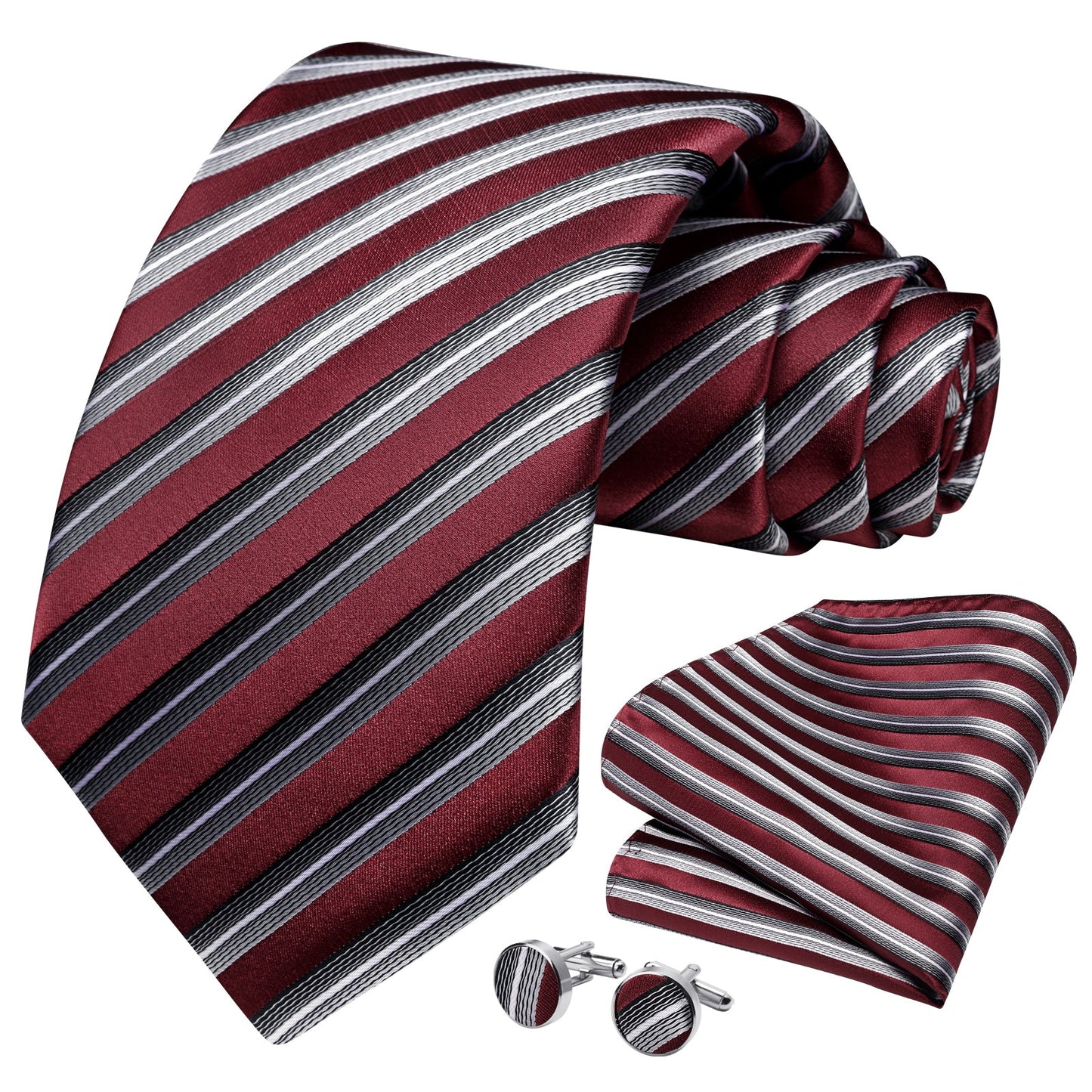 Hisdern Burgundy Striped Wedding Accessories Set with Cufflinks