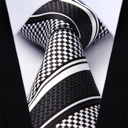Hisdern Black White Striped Business Tie Set
