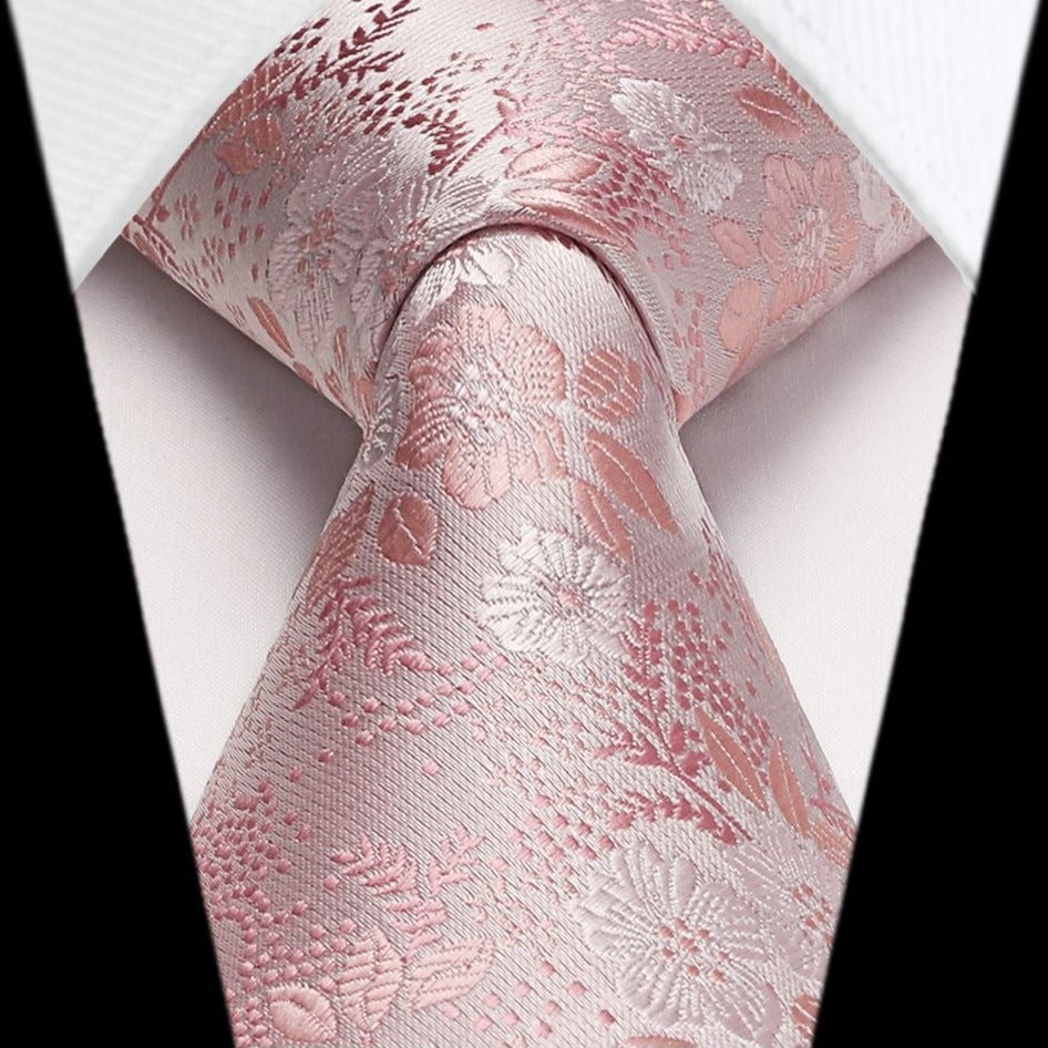 Hisdern Pink Floral Tie & Handkerchief Set - X-Flower Design