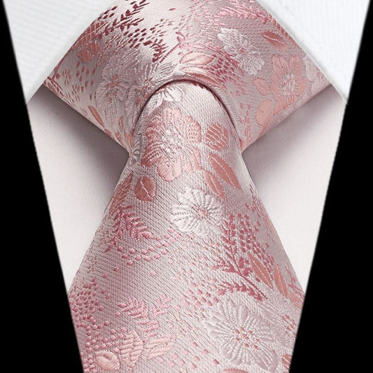 Hisdern Pink Floral Tie & Handkerchief Set - X-Flower Design