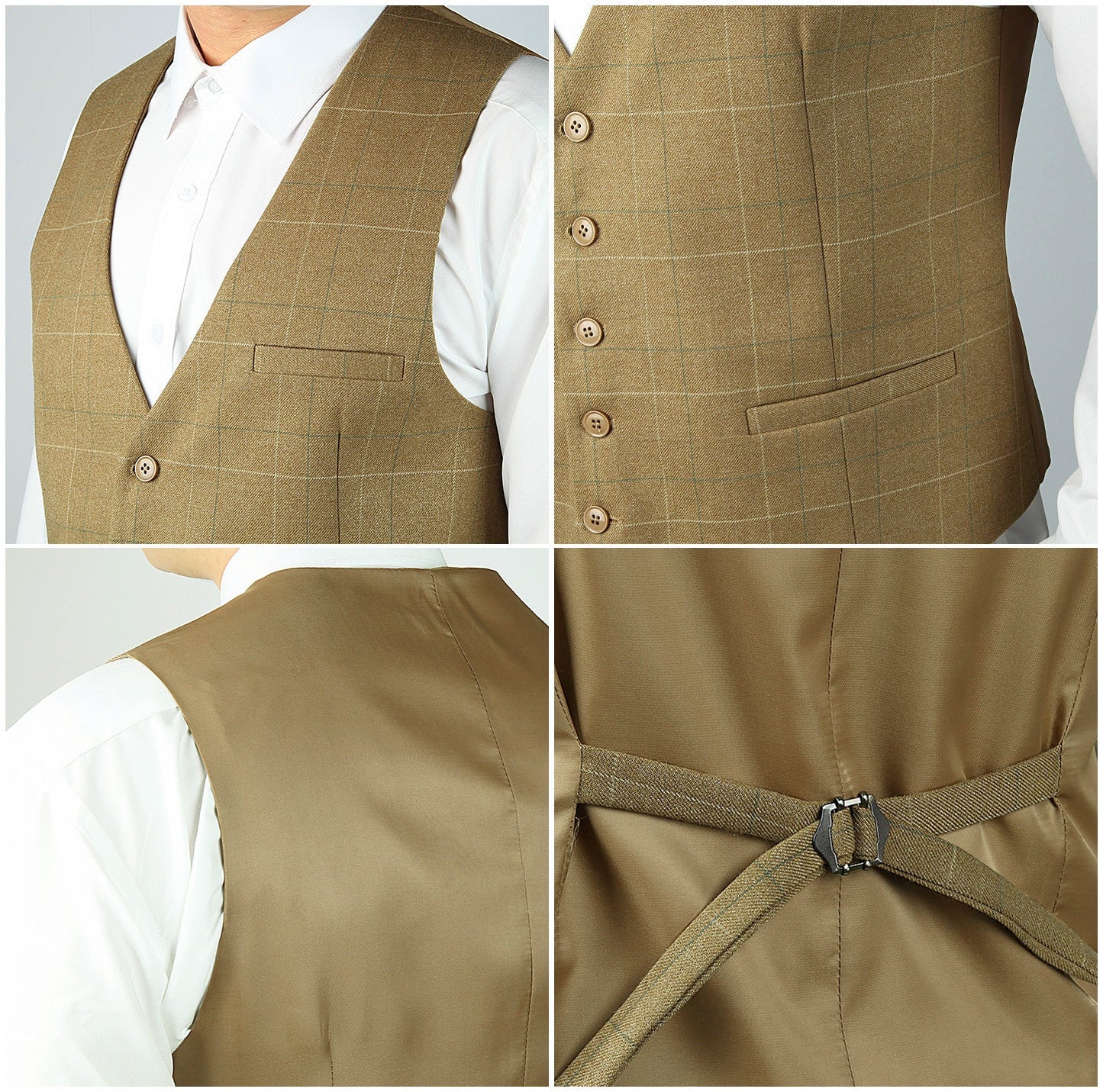 Hisdern Men's Khaki Plaid Wedding Vest For Skinny Guys