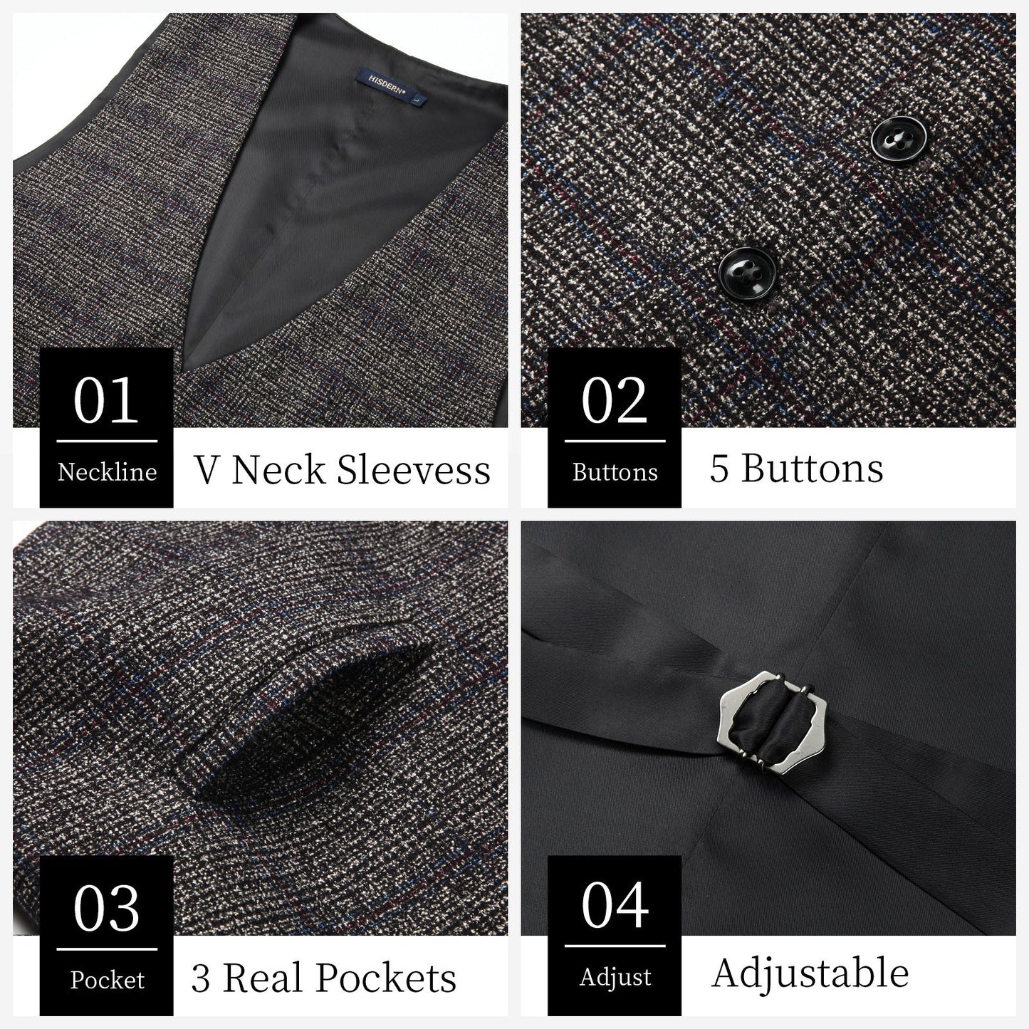 Hisdern Men's Grey Plaid Wedding Vest For Skinny Guys