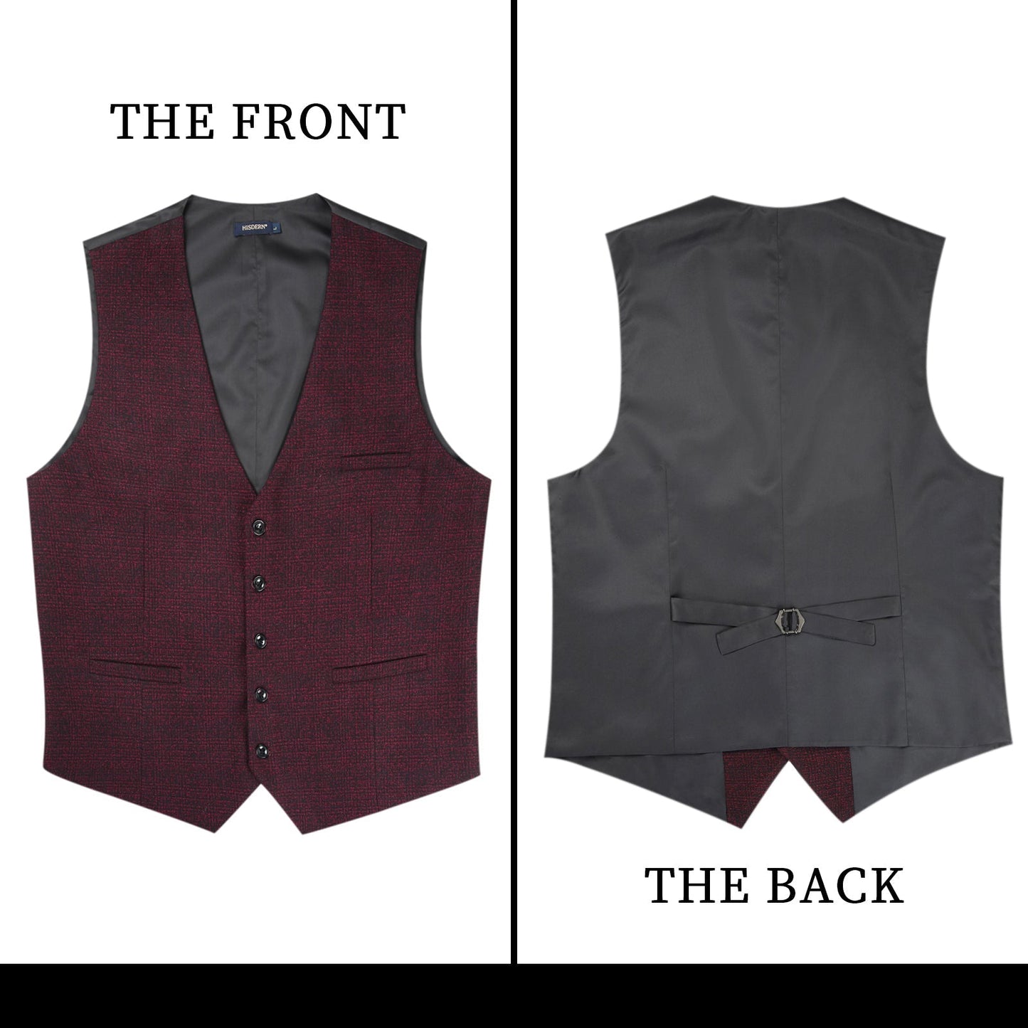 Hisdern Men's Burgundy Plaid Wedding Vest For Skinny Guys