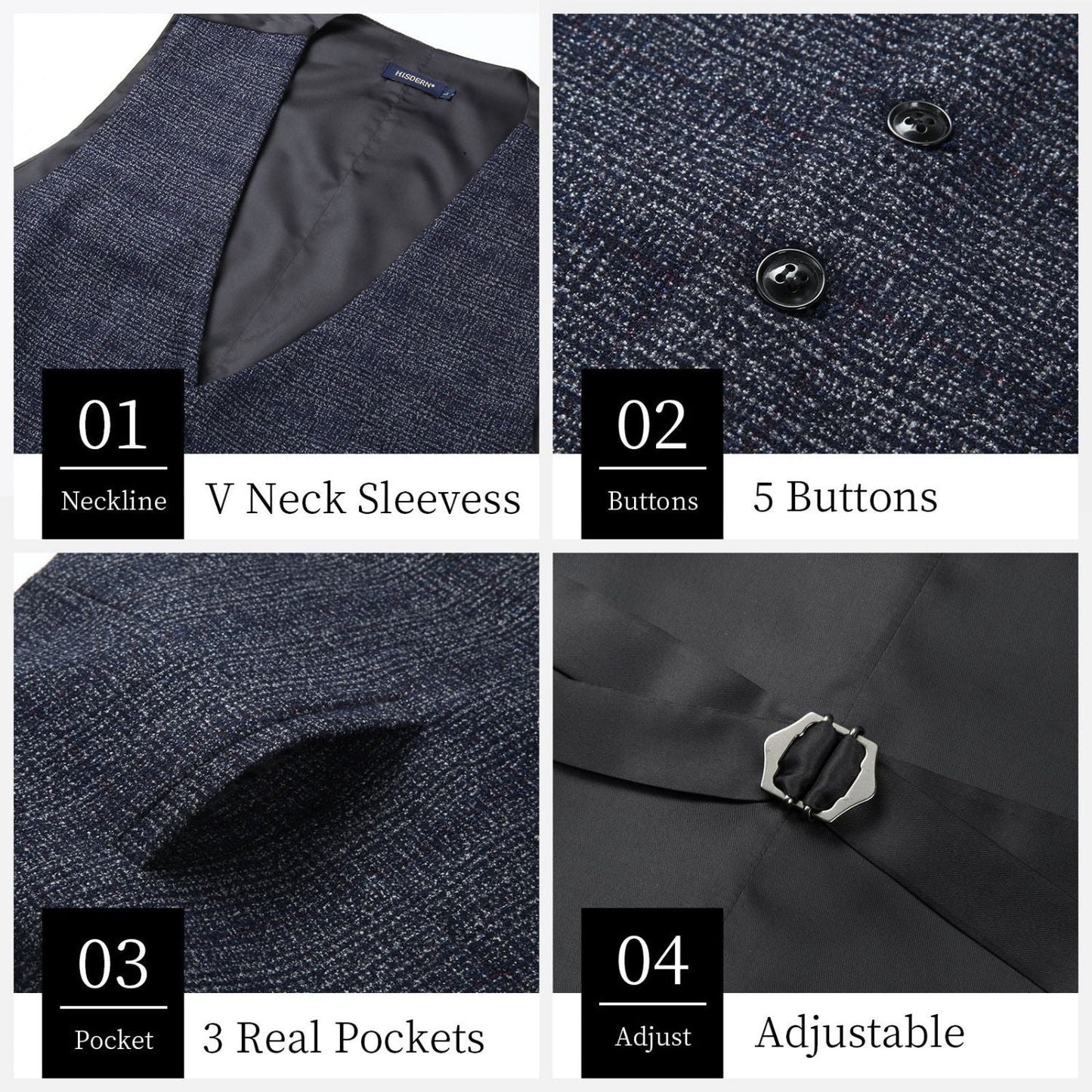 Hisdern Men's Navy Blue Plaid Slim Suit Vest Formal Wear