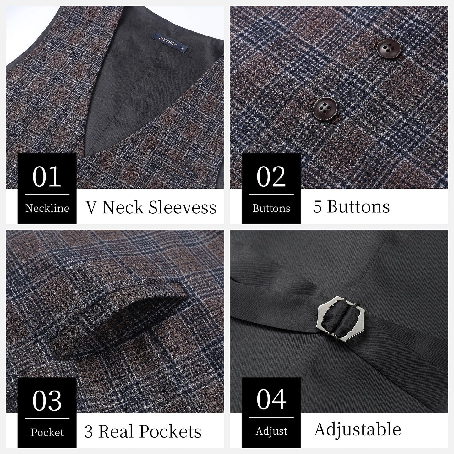 Hisdern Men's Light Brown Plaid Wedding Vest For Skinny Guys