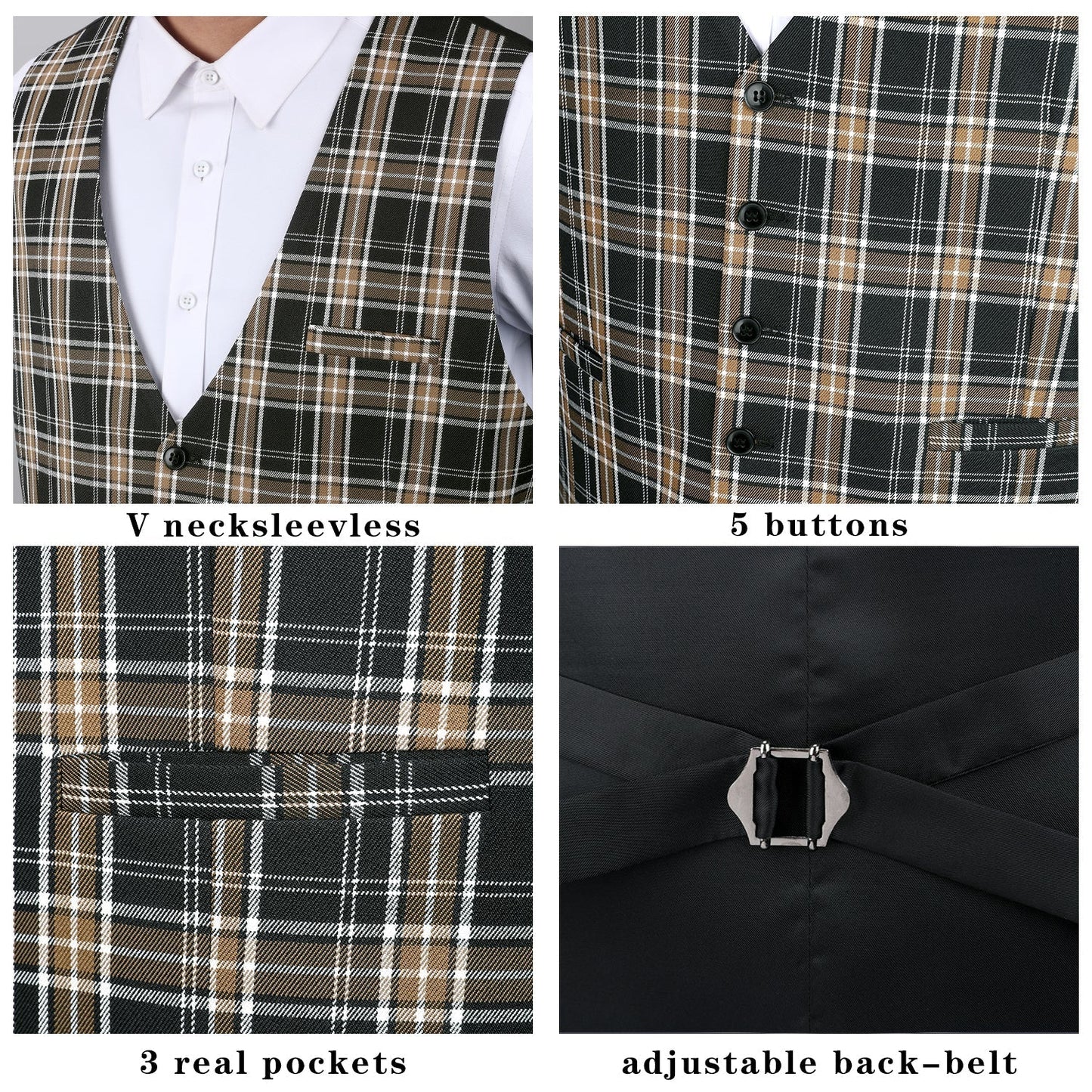 Hisdern Men's Brown Black Plaid Wedding Vest For Skinny Guys