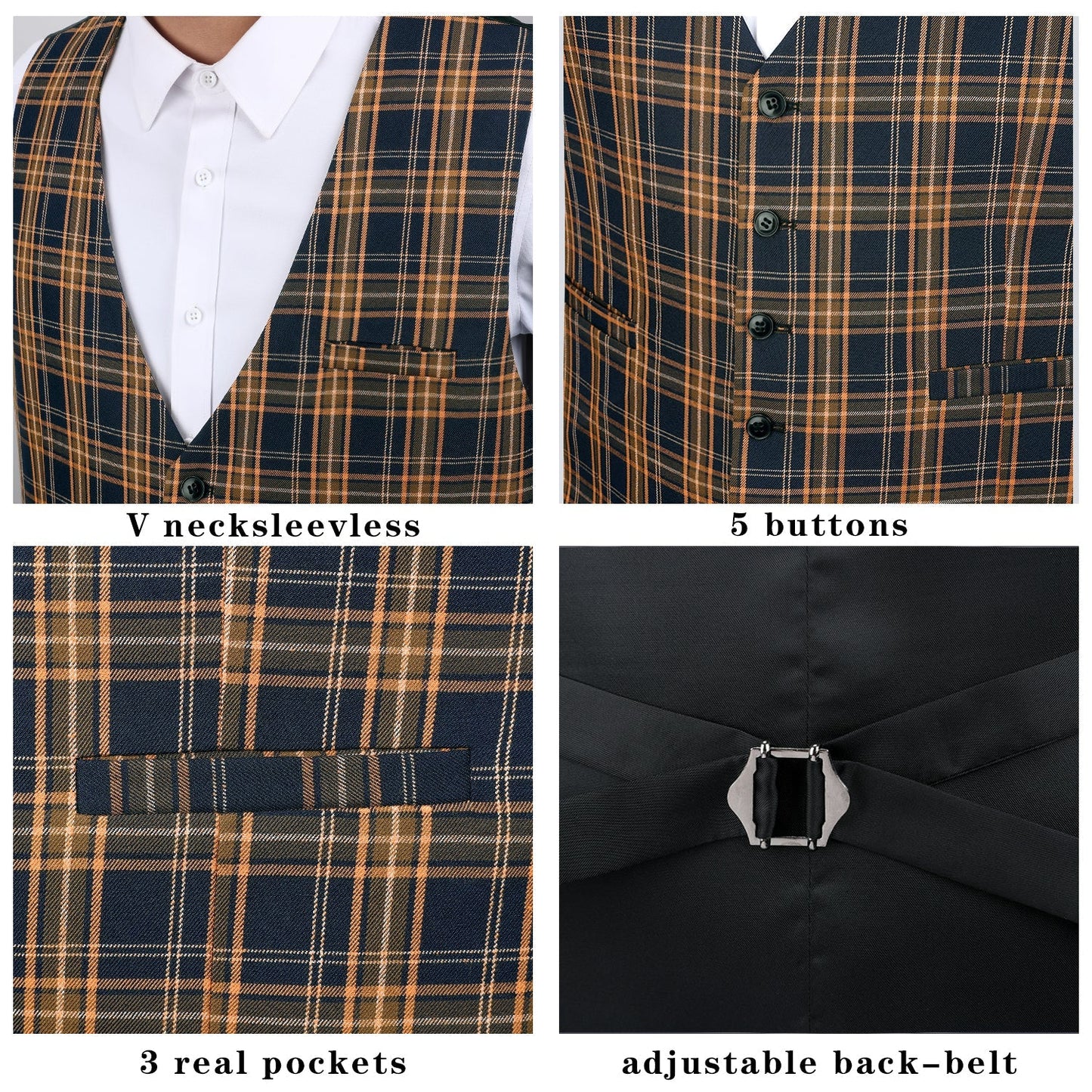 Hisdern Men's Brown Blue Plaid Slim Suit Vest Formal Wear