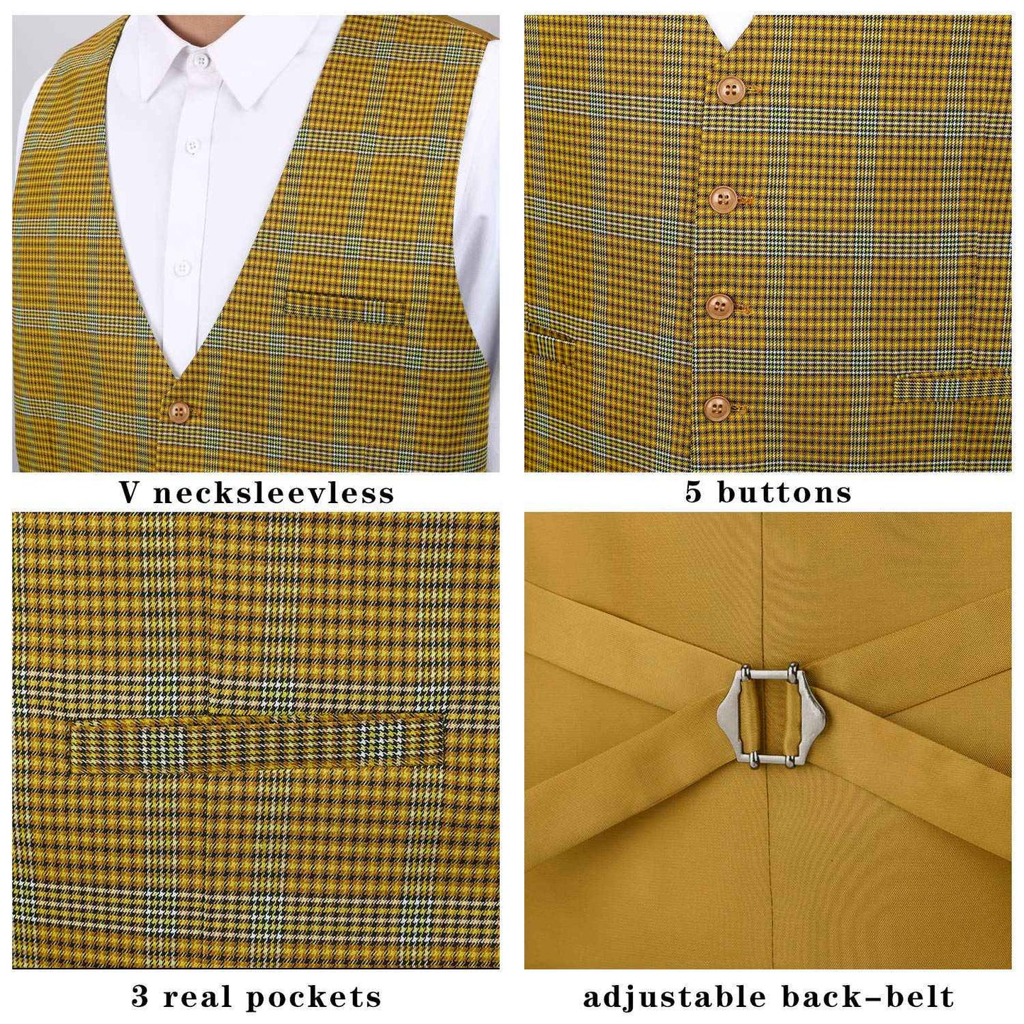 Hisdern Men's Yellow Plaid Wedding Vest For Skinny Guys