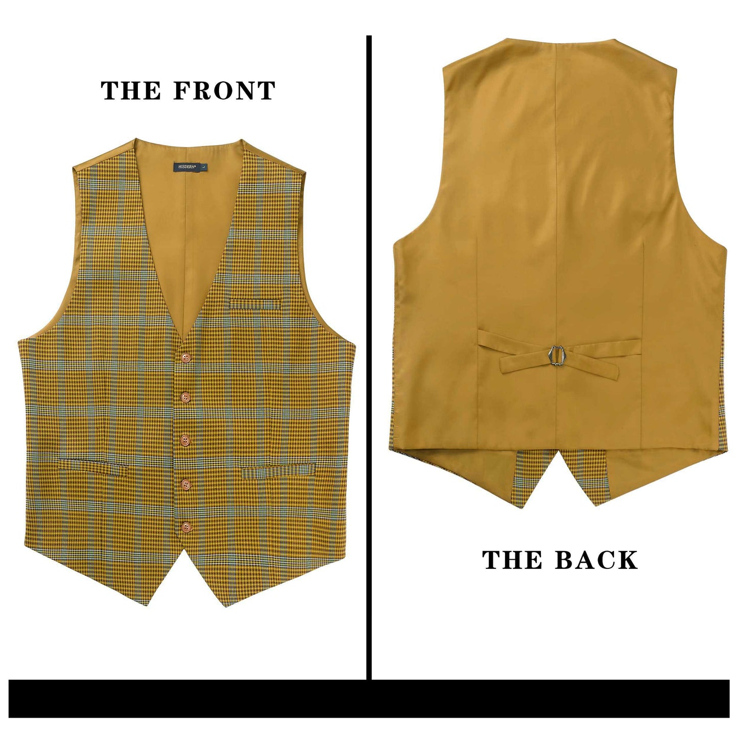 Hisdern Men's Yellow Plaid Wedding Vest For Skinny Guys