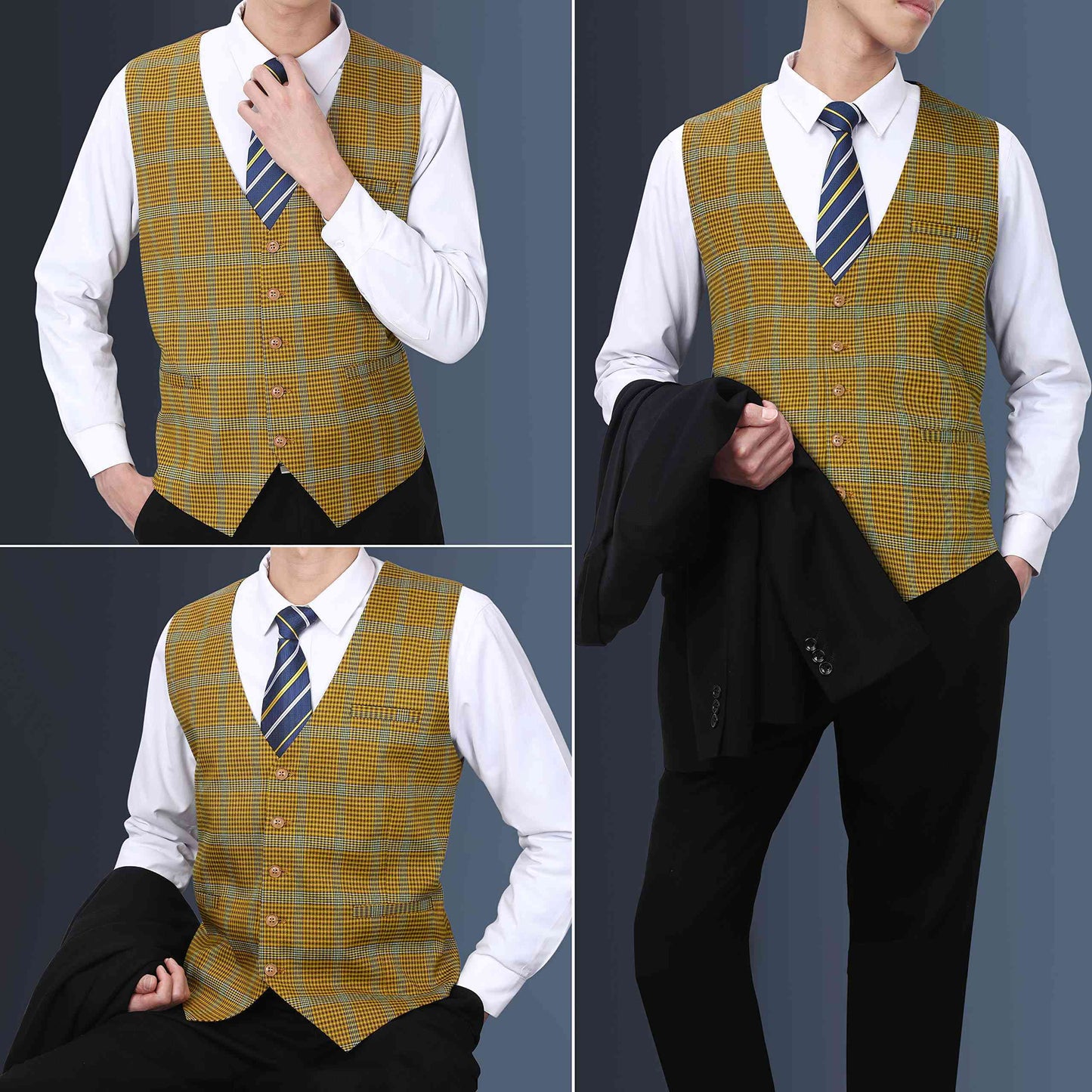 Hisdern Men's Yellow Plaid Wedding Vest For Skinny Guys