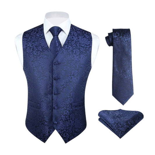 Hisdern Navy Blue Paisley  Silk-Lined Dress Vest Tie Set For Weddings