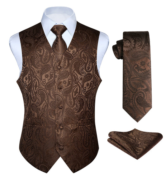 Hisdern Men's Brown Paisley Vest Tie Set For Weddings Anniversary