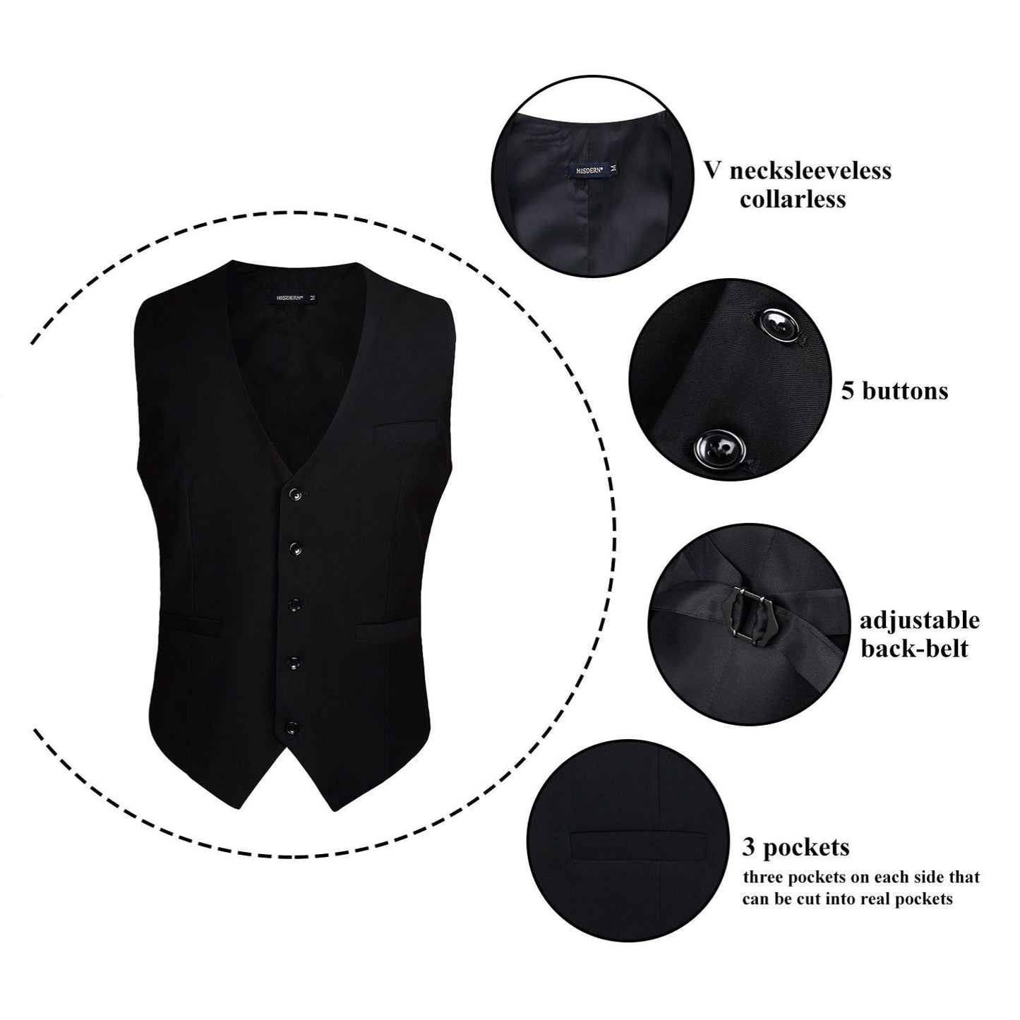Hisdern Black Satin Foraml Vest - Formal Office Wear
