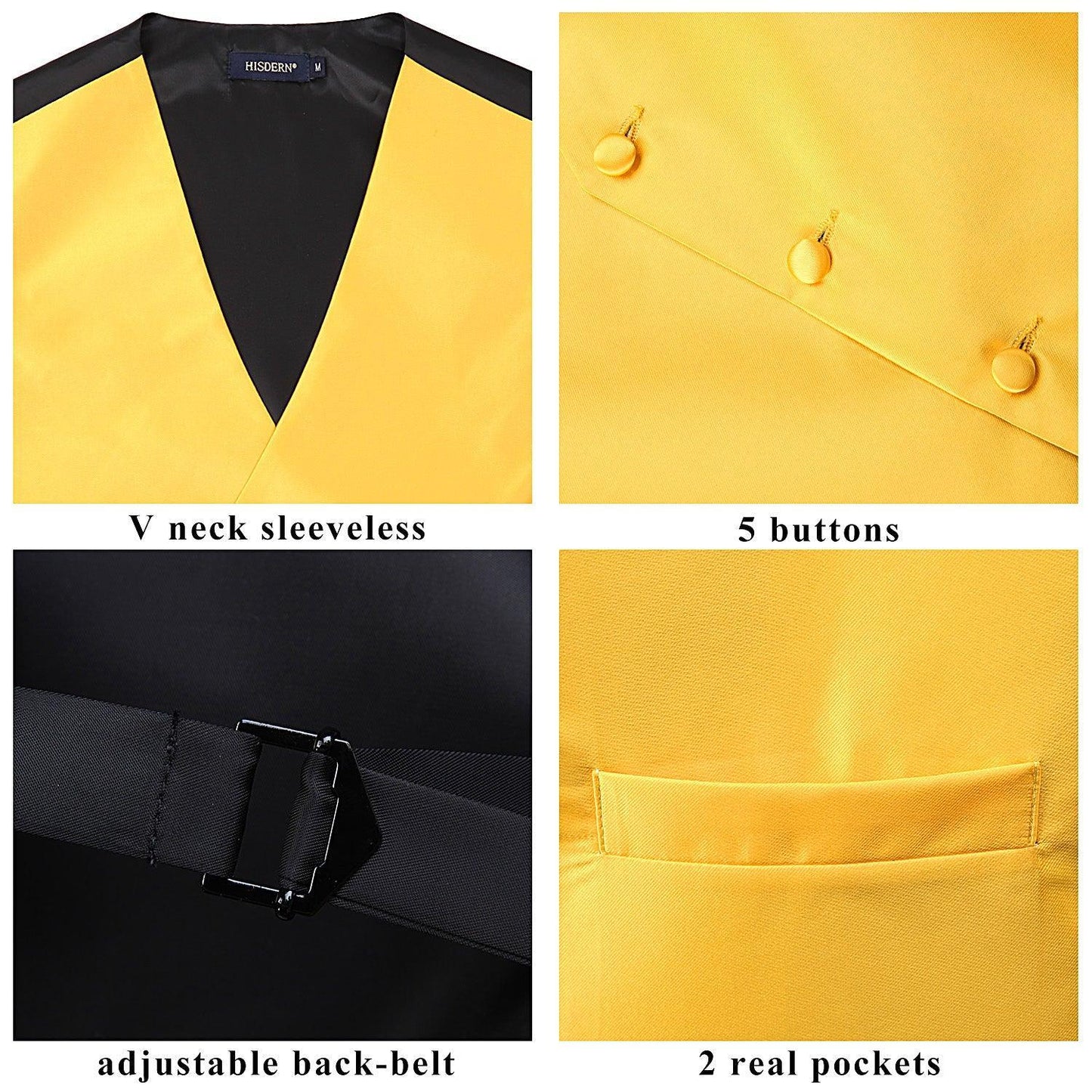 Hisdern Men's Yellow Solid Vest Tie Set For Weddings Anniversary