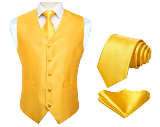 Hisdern Men's Yellow Solid Vest Tie Set For Weddings Anniversary