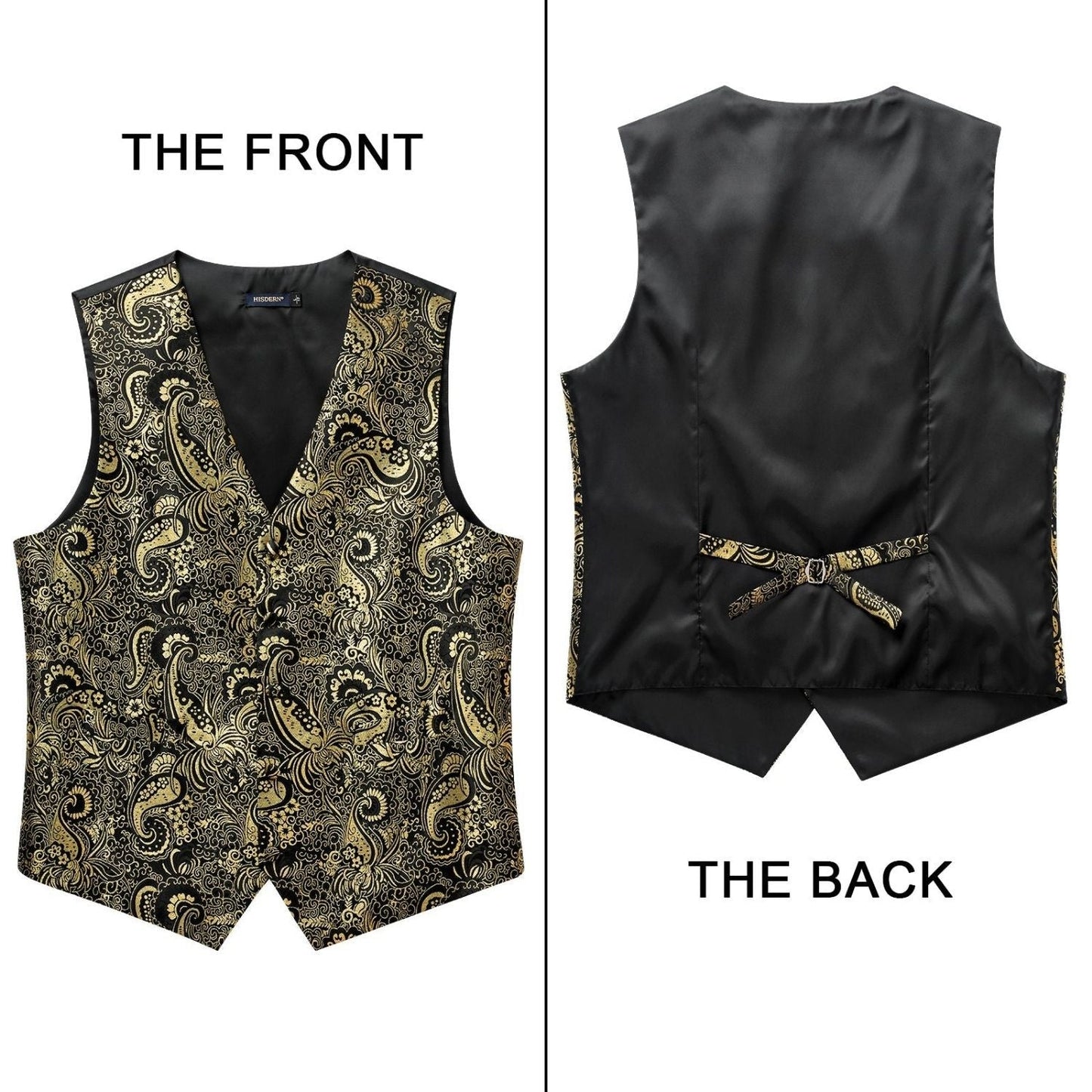 Hisdern Men's Gold Black Paisley Vest Tie Set For Weddings