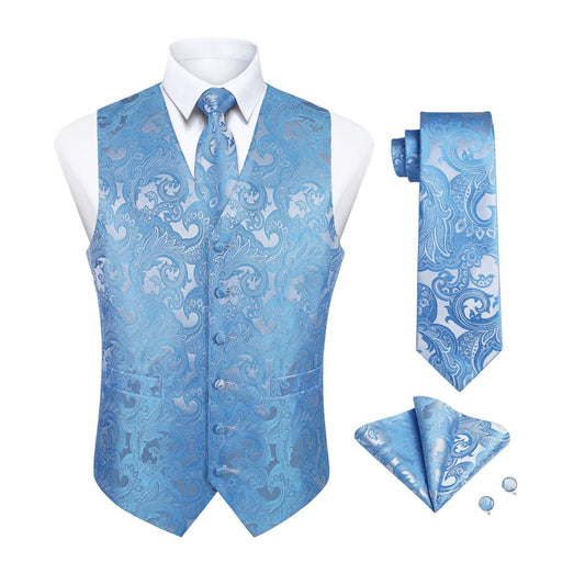 Hisdern Men's Blue Paisley Vest Tie Set For Weddings
