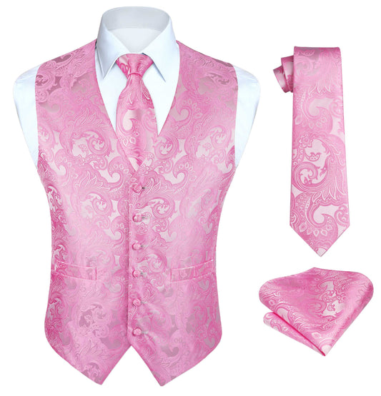 Hisdern Men's Pink Paisley Vest Tie Set For Weddings Anniversary