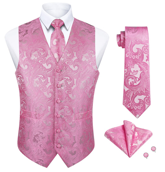 Hisdern Men's Pink Paisley Vest Tie Set For Weddings