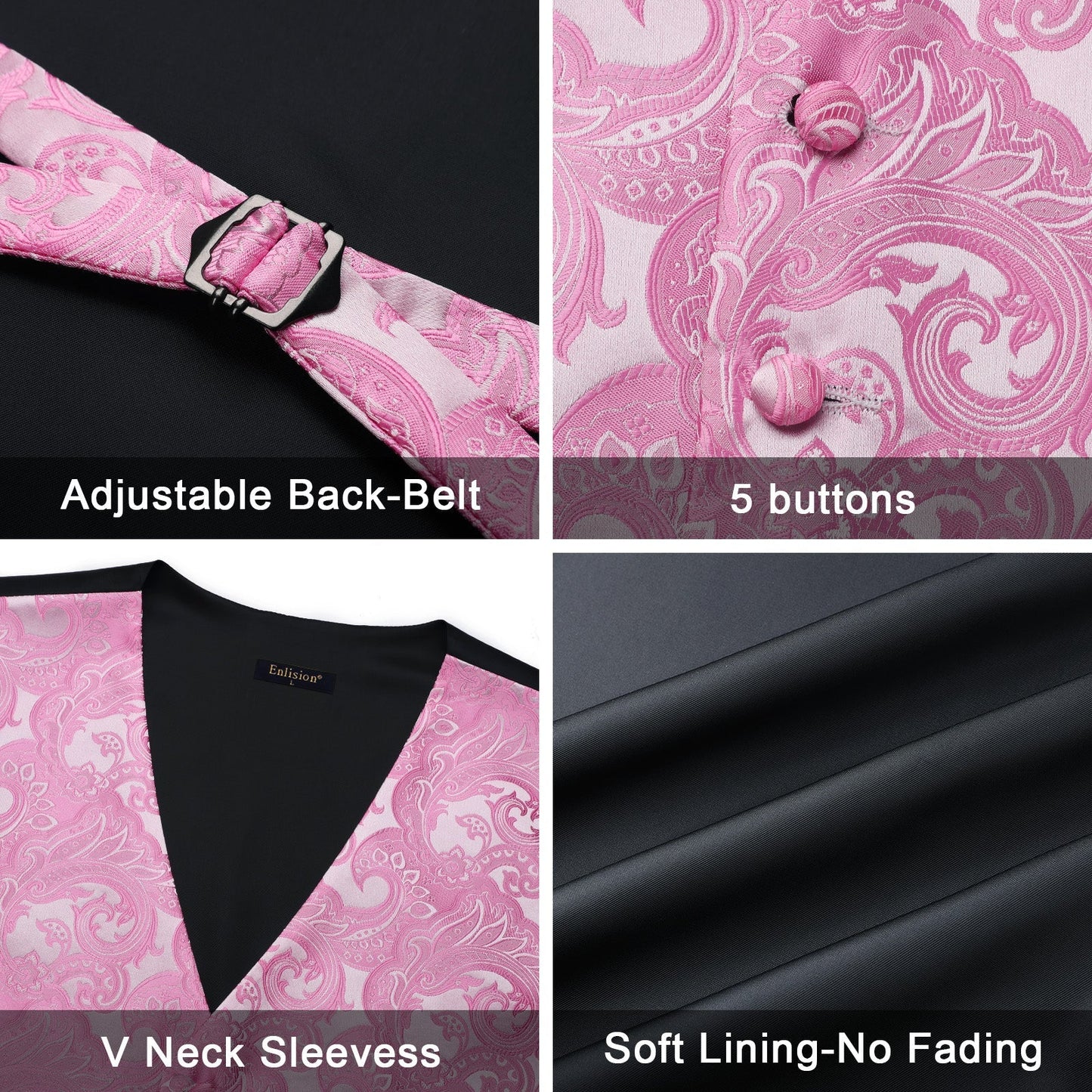 Hisdern Men's Pink Paisley Vest Tie Set For Weddings