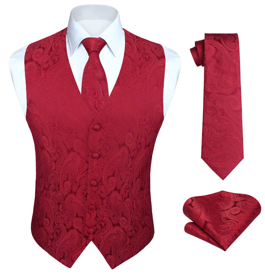 Hisdern Men's Burgundy Paisley Vest Tie Set For Weddings Anniversary