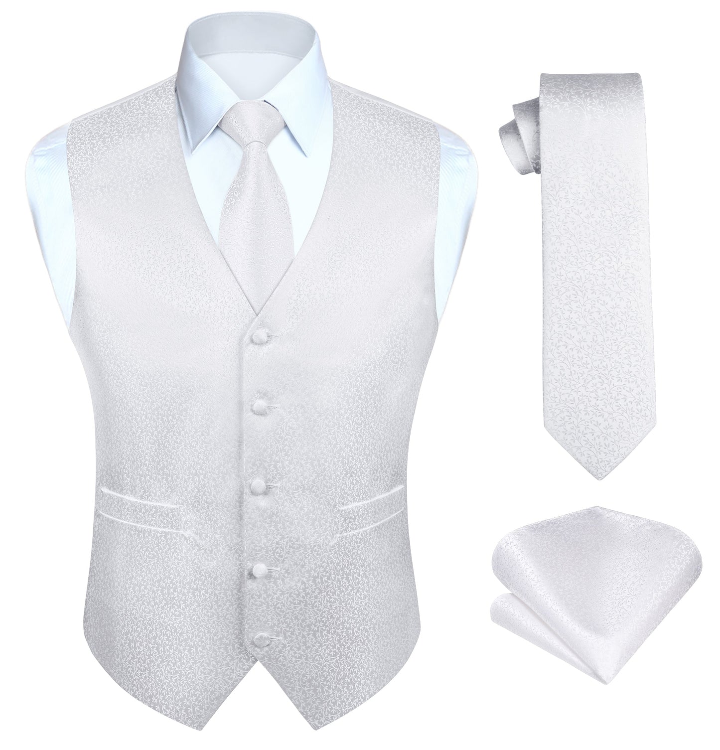 Hisdern Men's White Floral Vest Tie Set For Weddings Anniversary