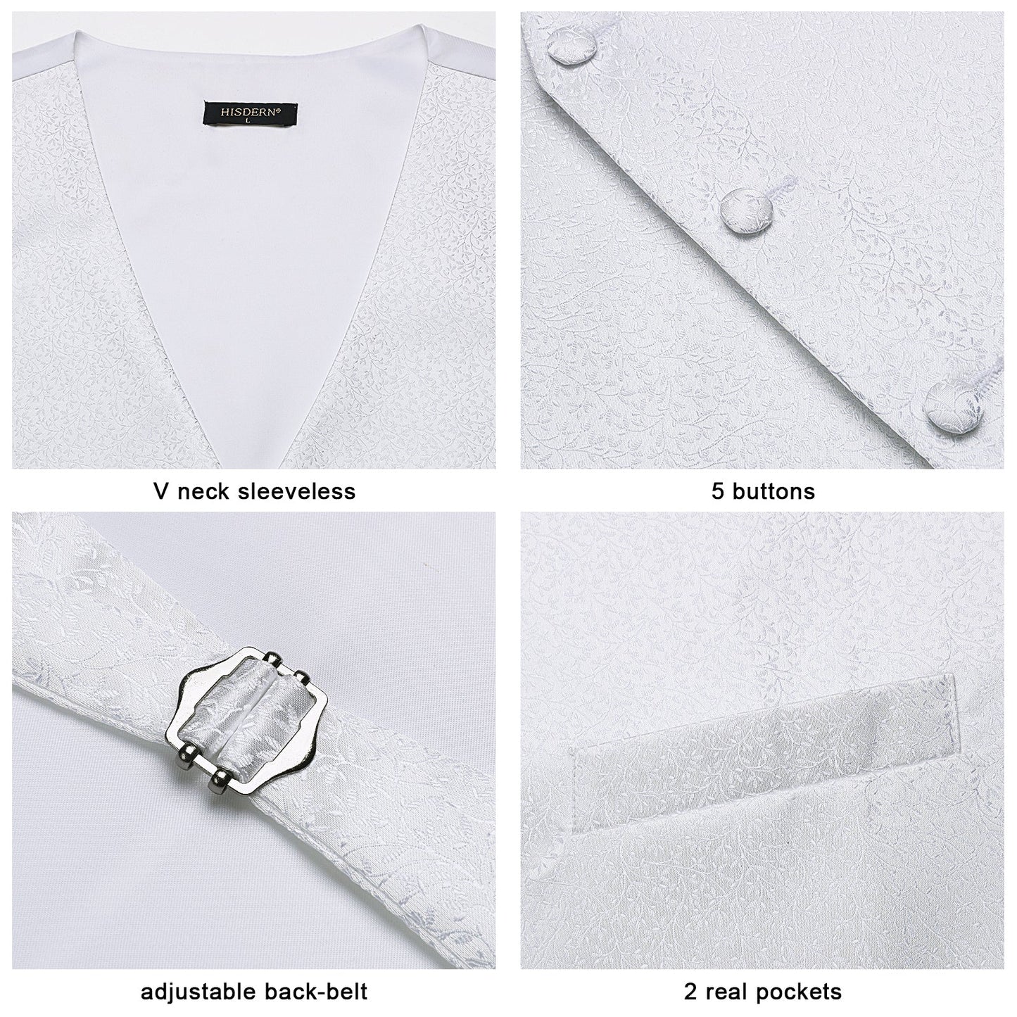 Hisdern Men's White Floral Vest Tie Set For Weddings Anniversary