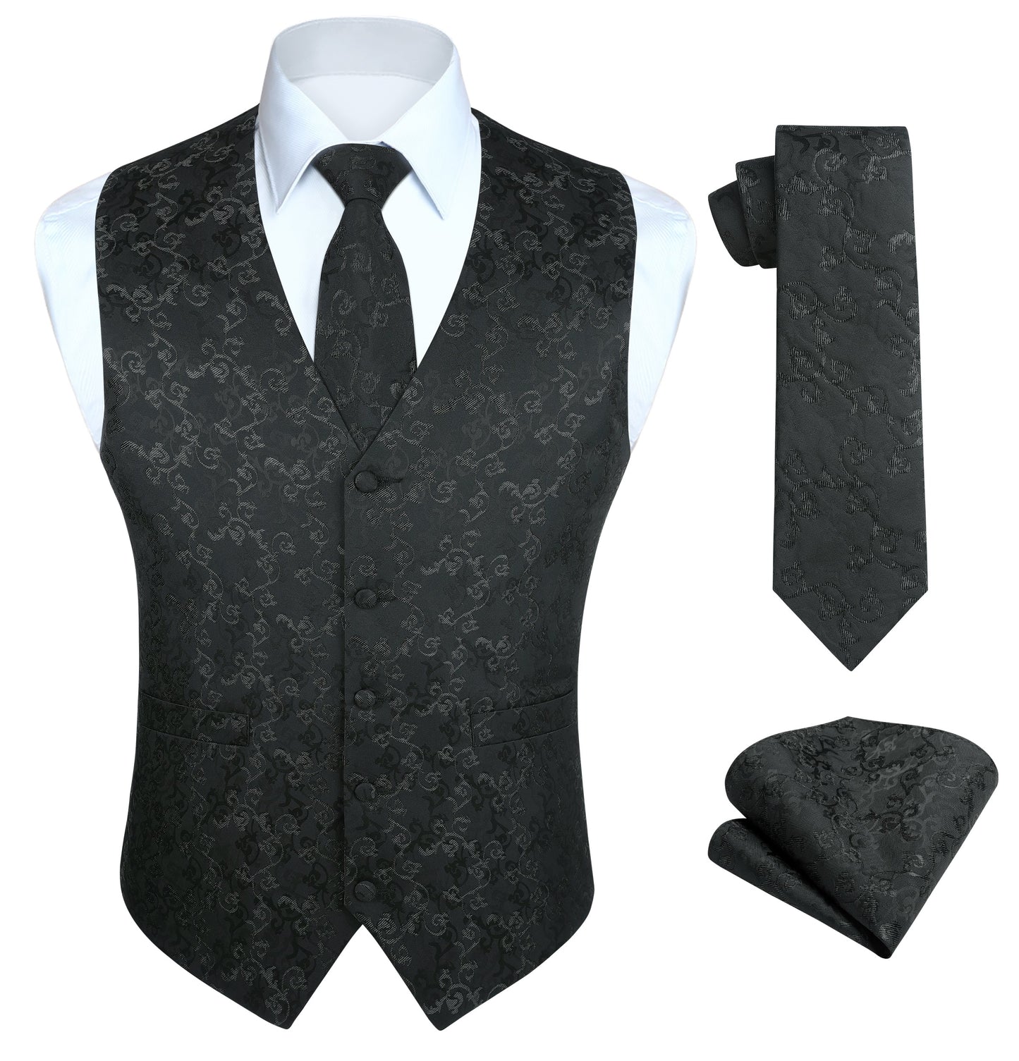 Hisdern Men's Black Floral Vest Tie Set For Weddings