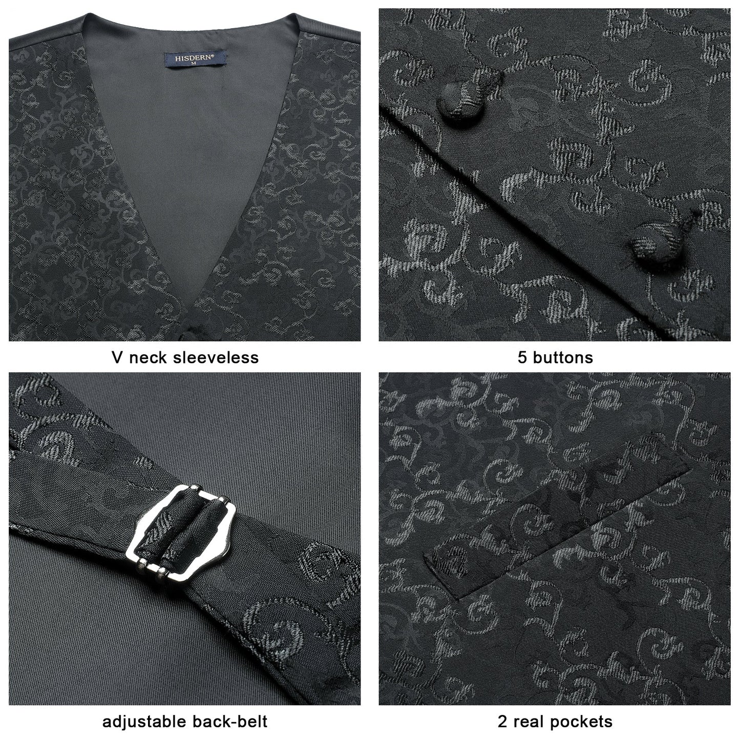 Hisdern Men's Black Floral Vest Tie Set For Weddings