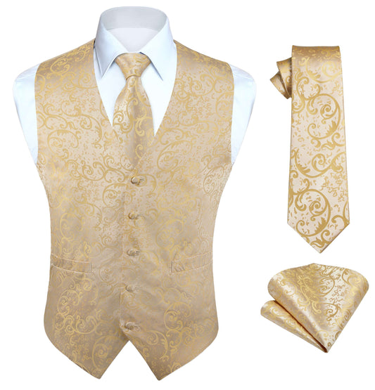 Hisdern Men's Yellow Gold Floral Vest Tie Set For Weddings