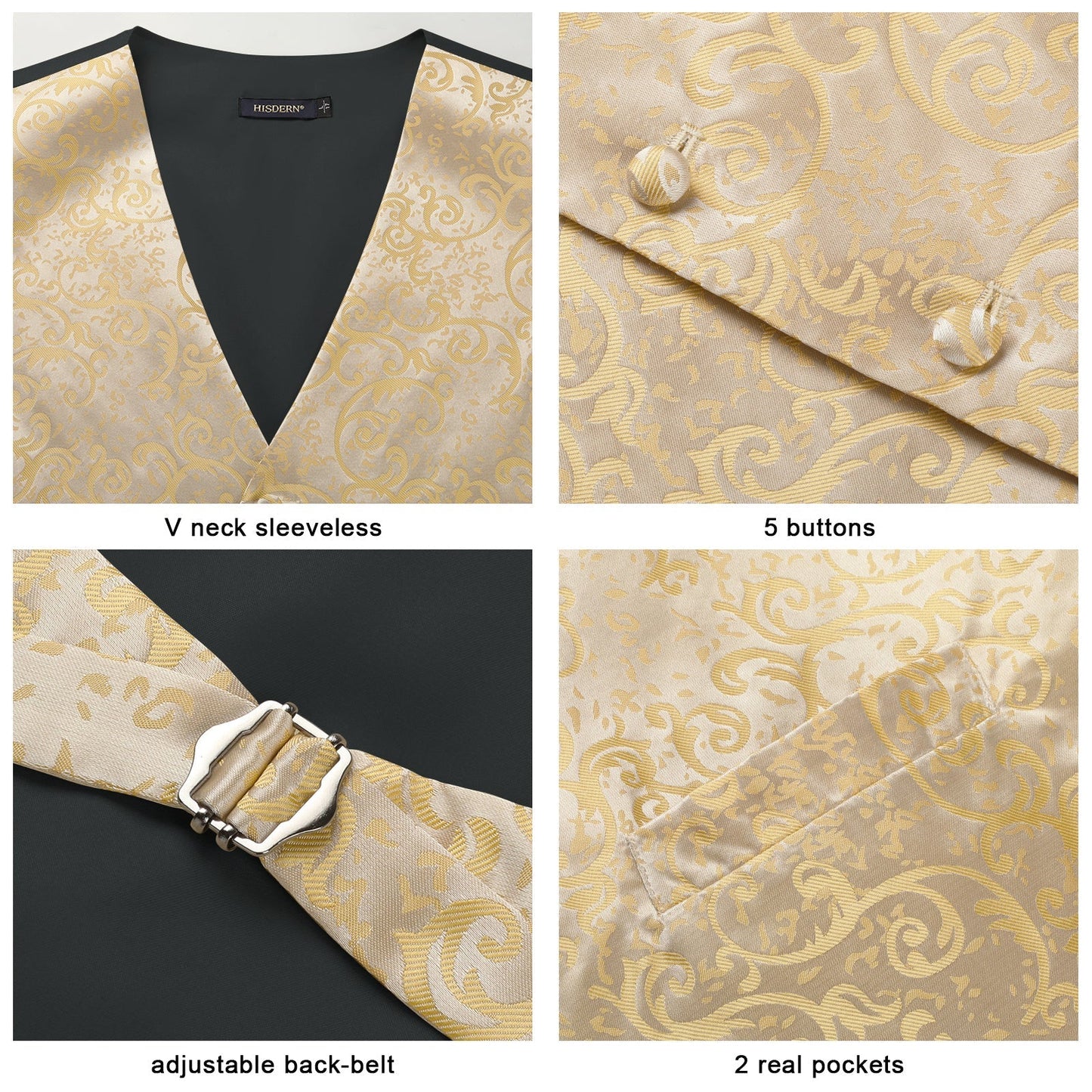 Hisdern Men's Yellow Gold Floral Vest Tie Set For Weddings