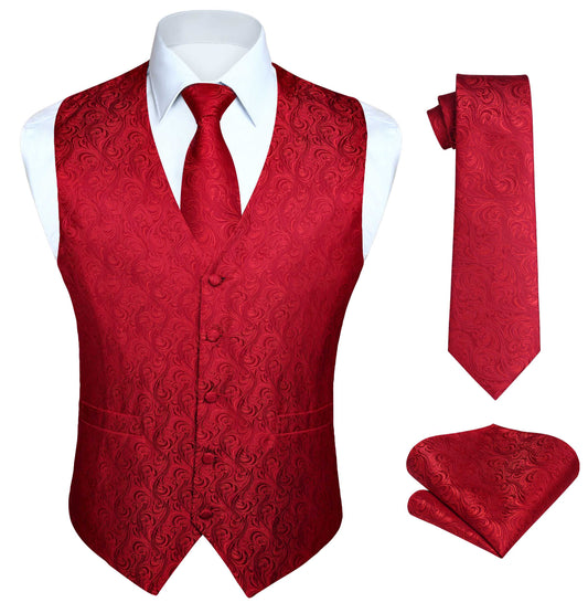Hisdern Men's Red Paisley Vest Tie Set For Weddings Anniversary