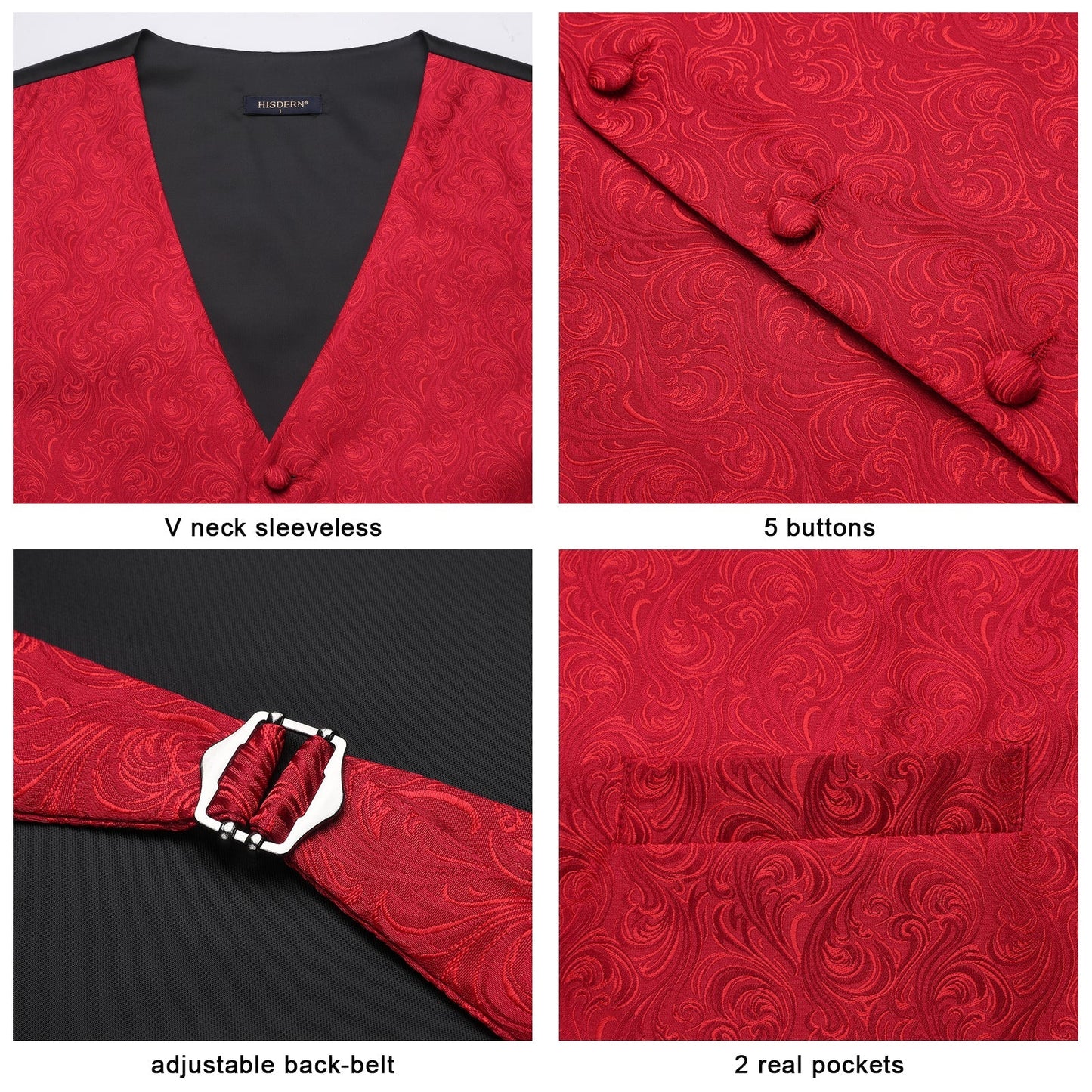 Hisdern Men's Red Paisley Vest Tie Set For Weddings Anniversary