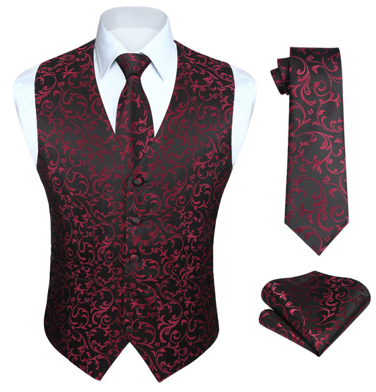 Hisdern Men's Burgundy Black Floral Vest Tie Set For Weddings