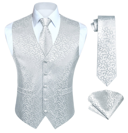 Hisdern Men's White Floral Vest Tie Set For Weddings