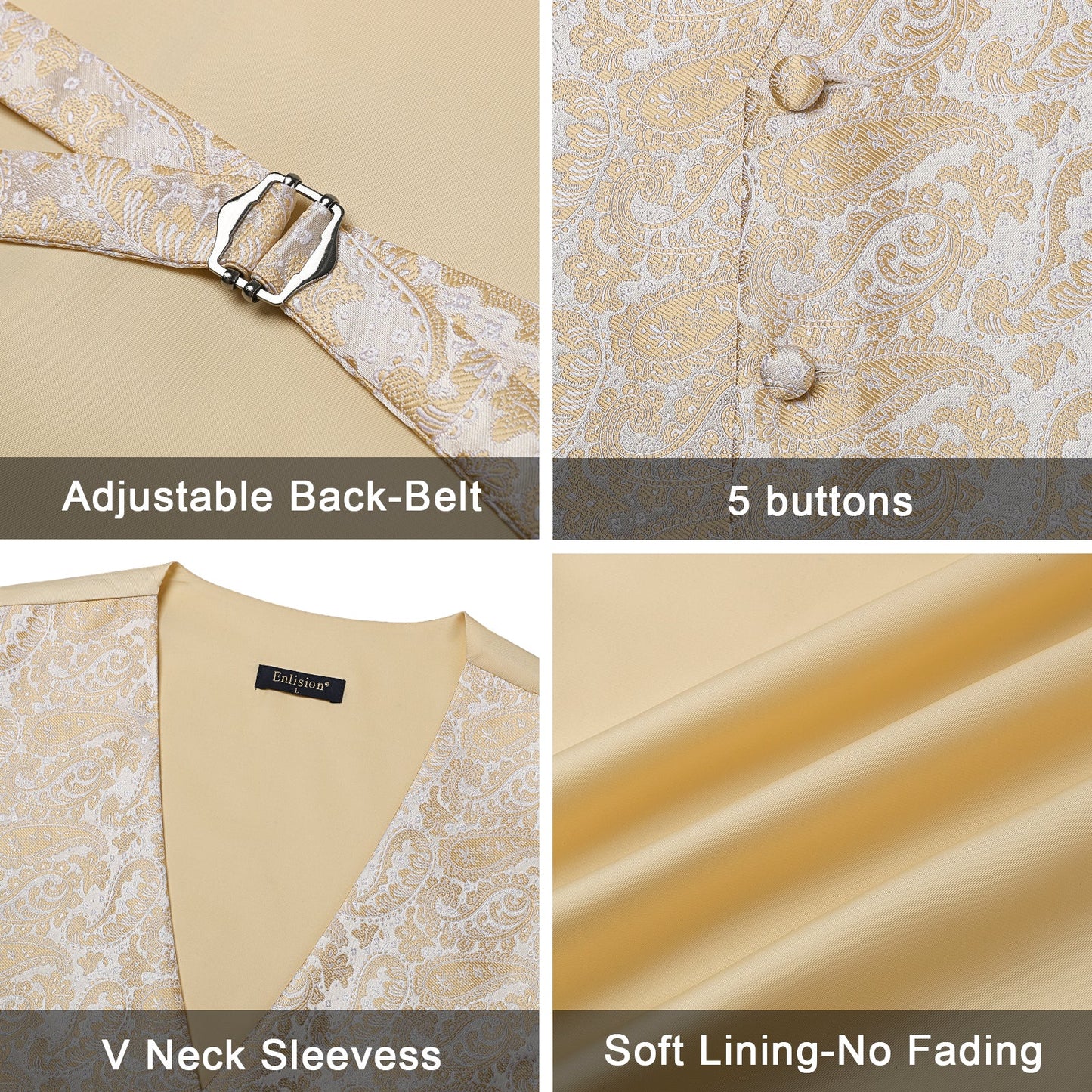 Hisdern Men's Champagne Gold Paisley Vest Tie Set For Weddings