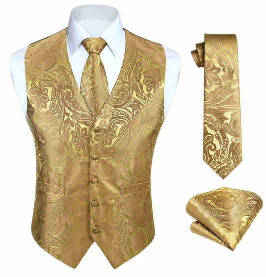 Hisdern Men's Gold Paisley Vest Tie Set For Weddings
