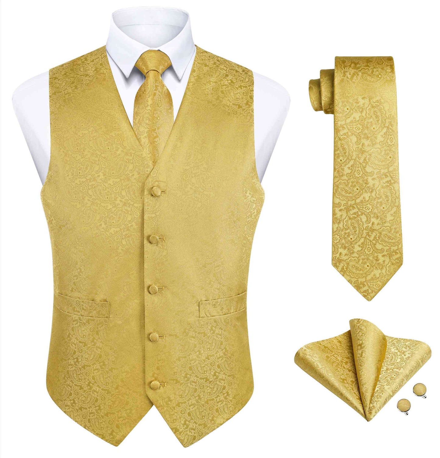 Hisdern Men's Gold Paisley Vest Tie Set For Weddings Anniversary