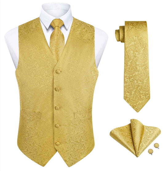 Hisdern Men's Gold Paisley Vest Tie Set For Weddings Anniversary