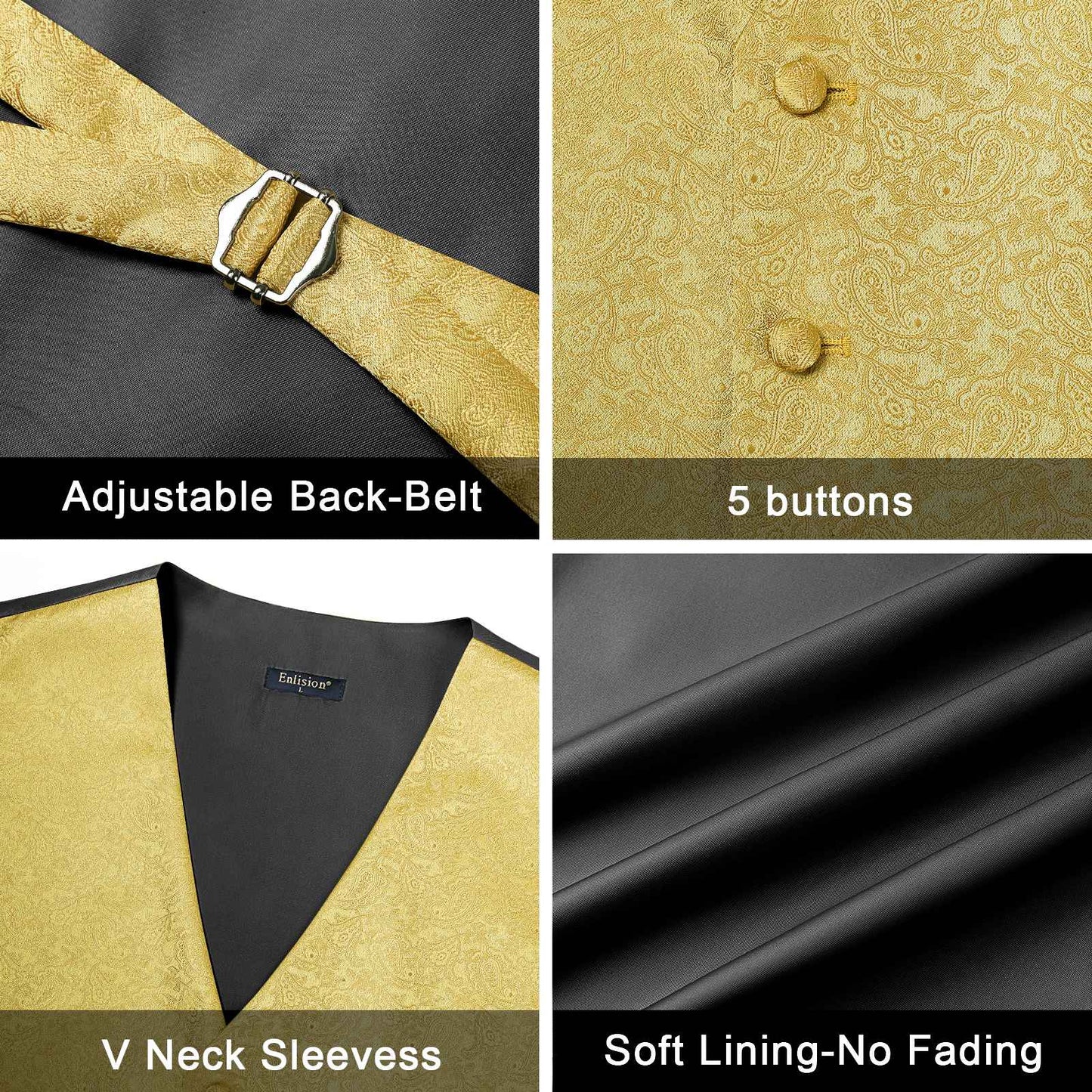Hisdern Men's Gold Paisley Vest Tie Set For Weddings Anniversary