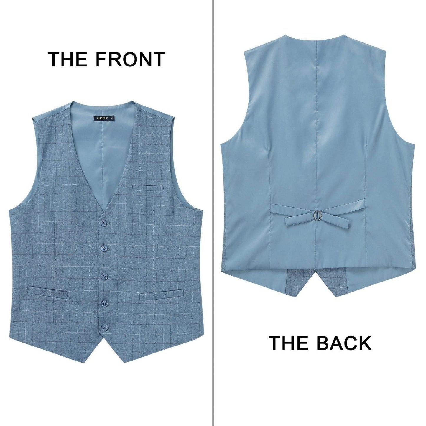 Hisdern Men's Sky Blue Plaid Slim Suit Vest Formal Wear