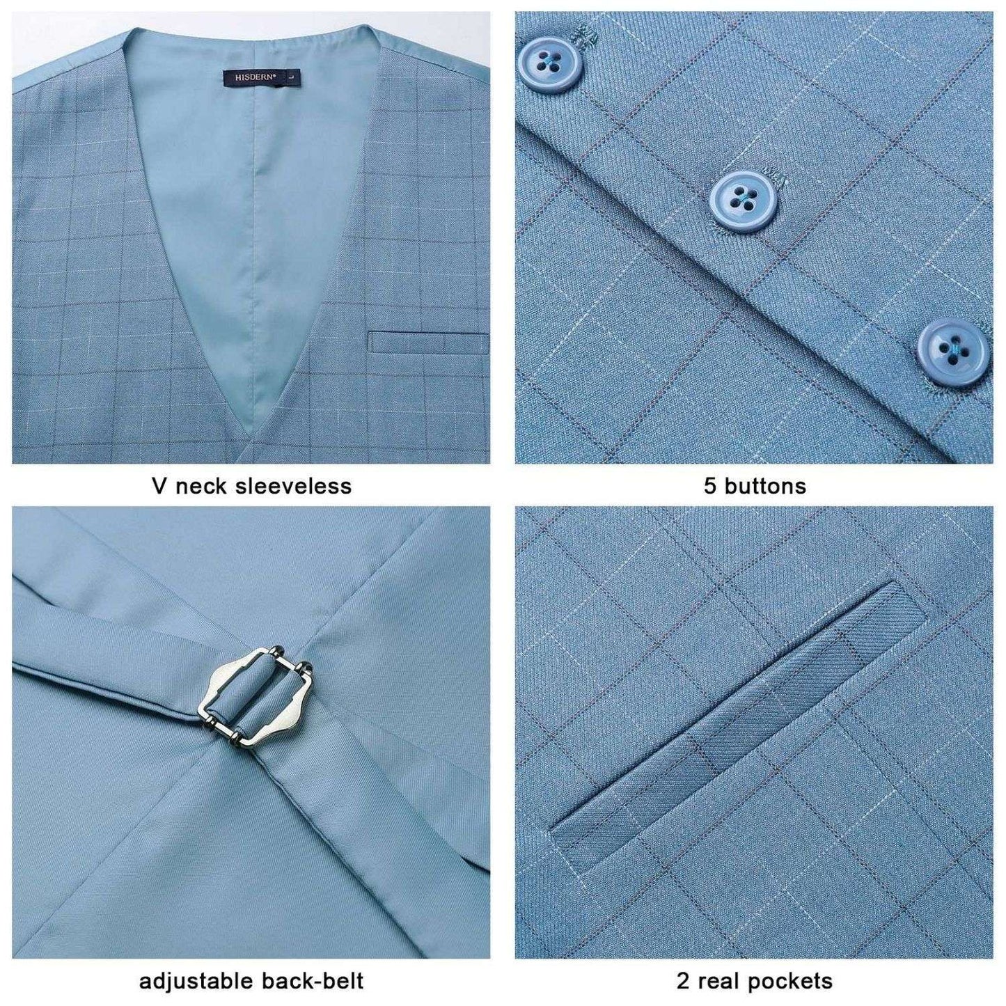Hisdern Men's Sky Blue Plaid Slim Suit Vest Formal Wear