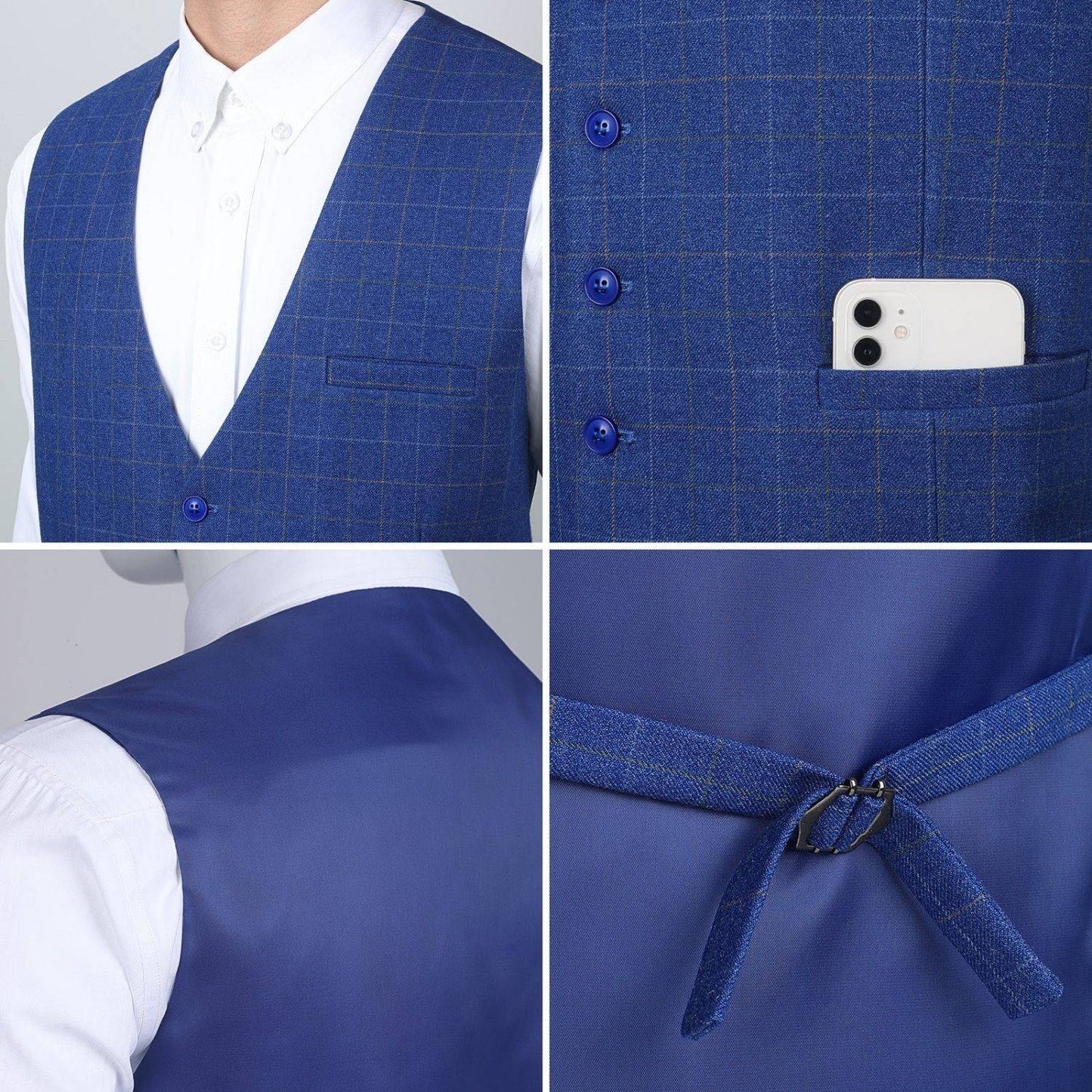 Hisdern Men's Royal Blue Plaid Slim Suit Vest Formal Wear
