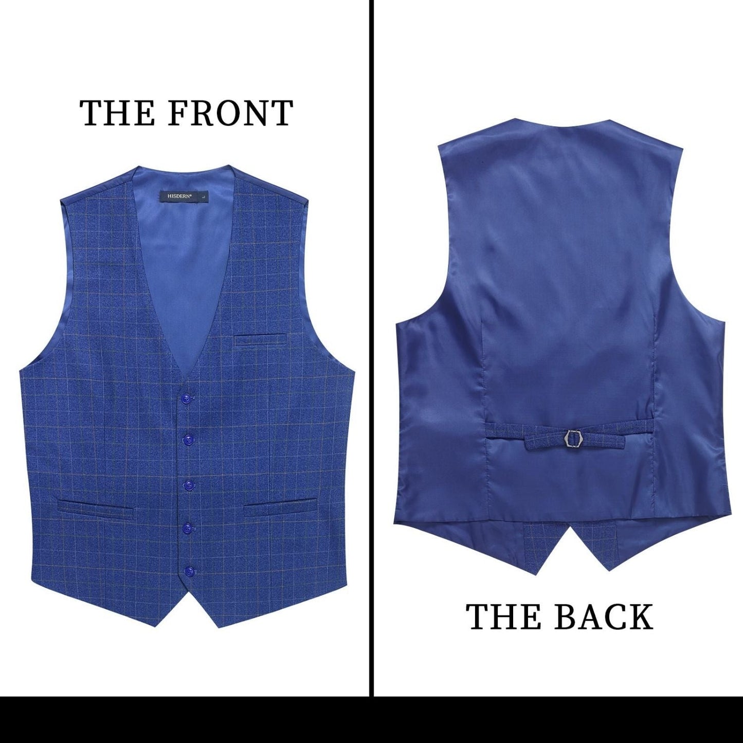 Hisdern Men's Royal Blue Plaid Slim Suit Vest Formal Wear
