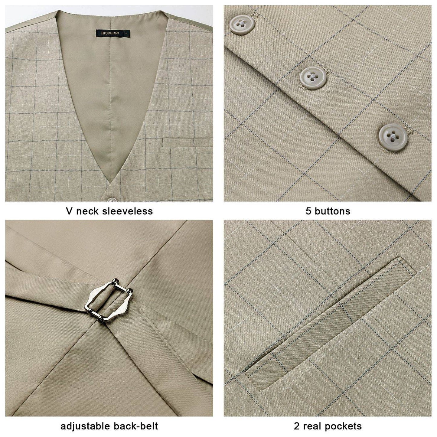 Hisdern Men's Beige Plaid Slim Suit Vest Formal Wear