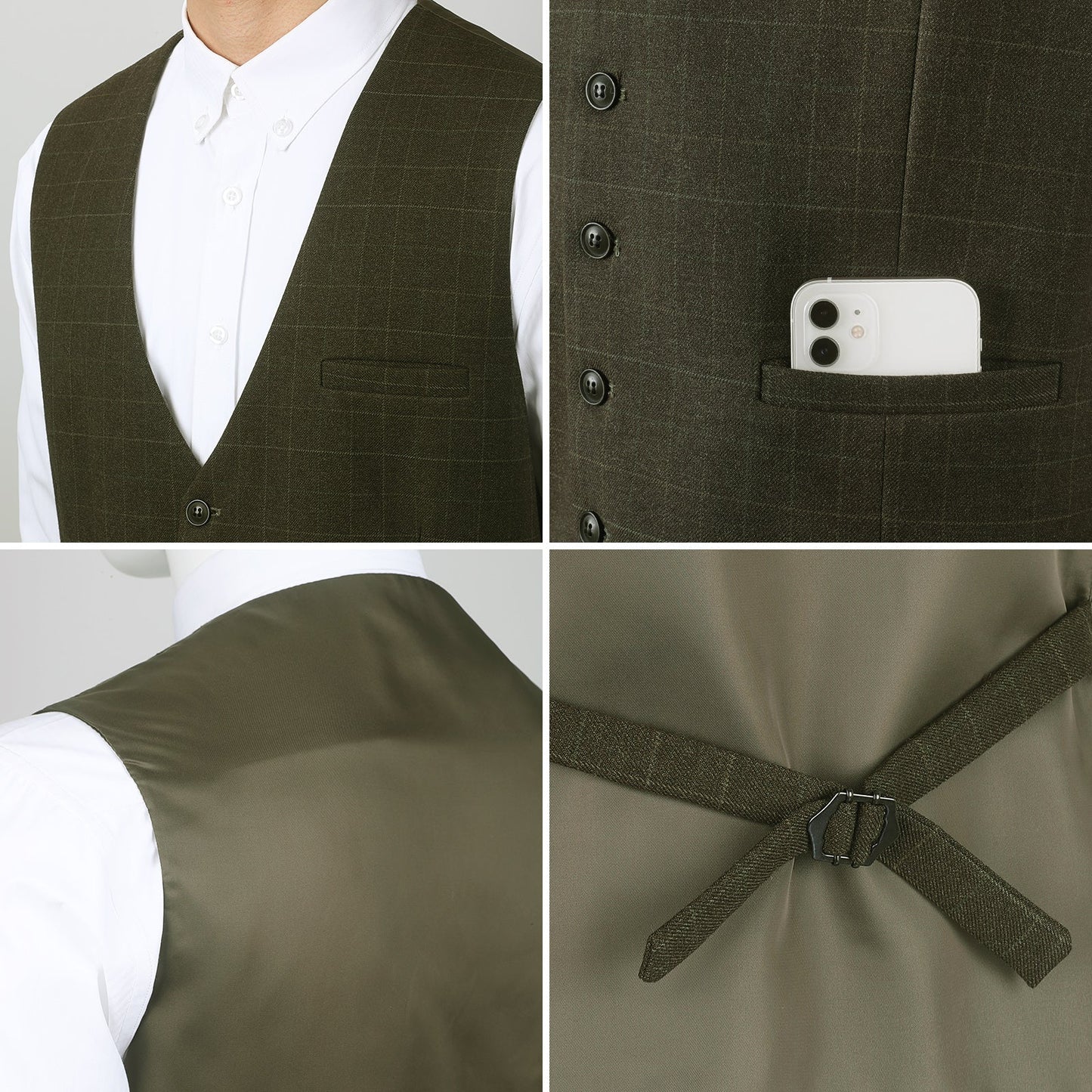 Hisdern Men's Olive Green Plaid Slim Suit Vest Formal Wear