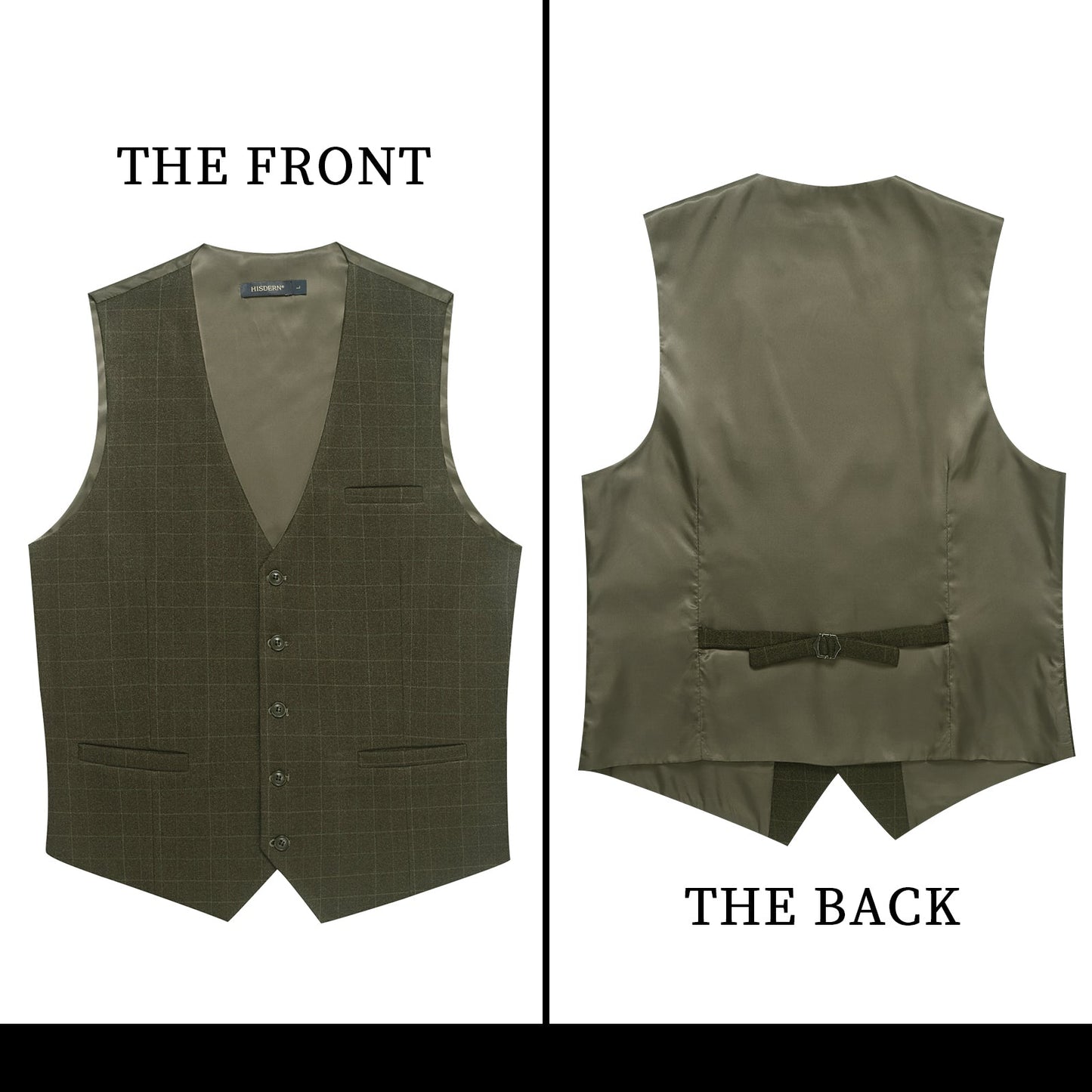 Hisdern Men's Olive Green Plaid Slim Suit Vest Formal Wear