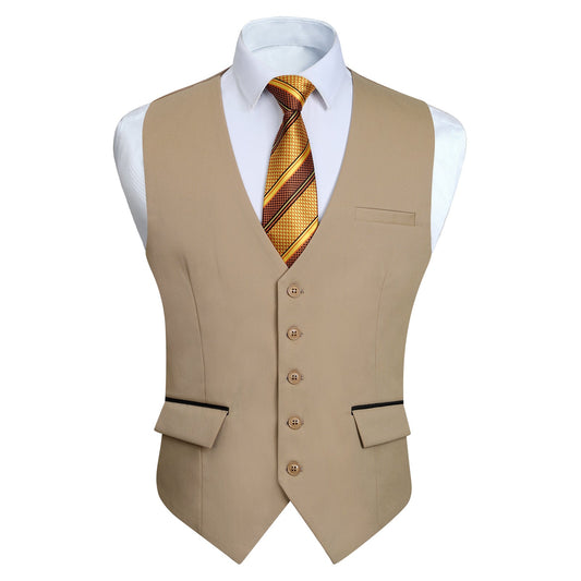 Hisdern Men's Light Khaki Satin Suit Vest Formal Wear