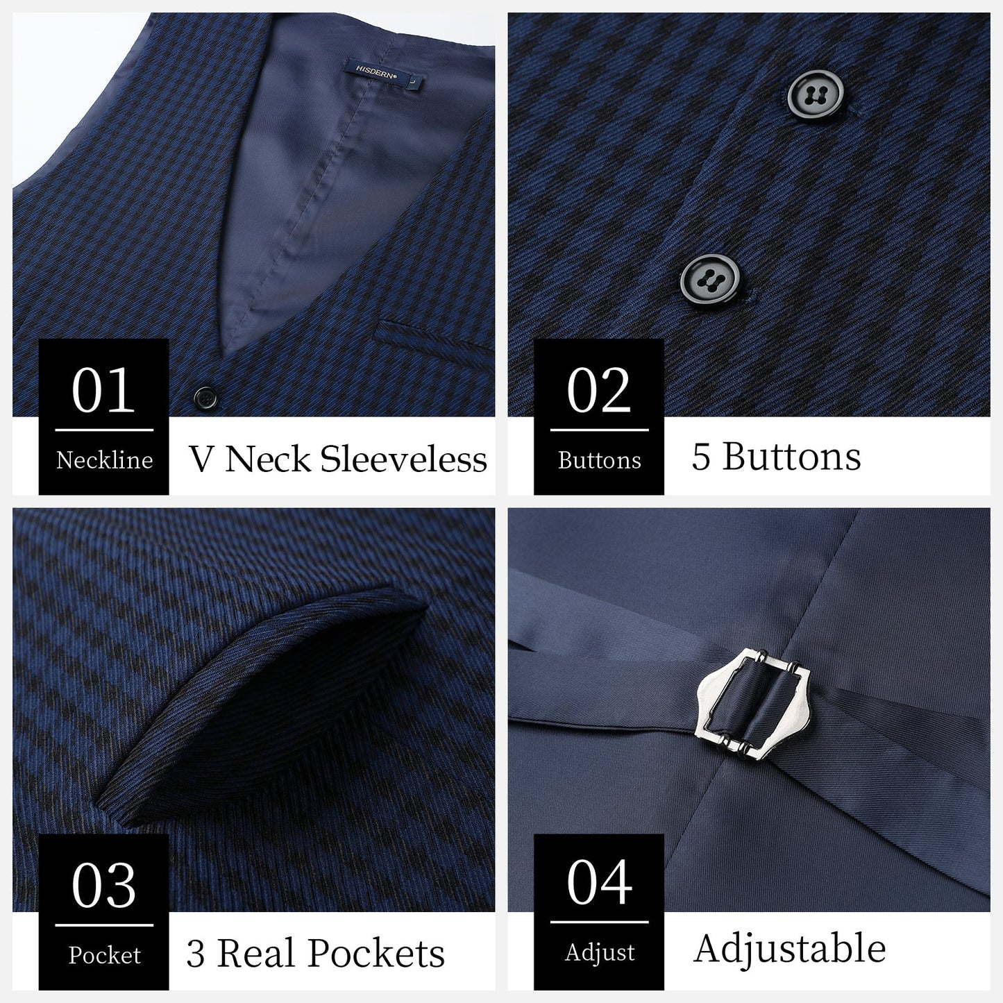 Hisdern Men's Navy Blue Plaid Wedding Vest For Skinny Guys